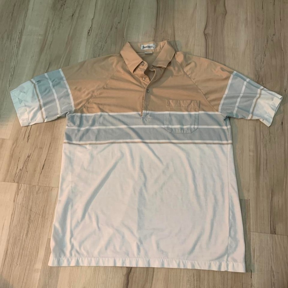 Vintage authentic 1980s Jantzen white and tan striped polo shirt